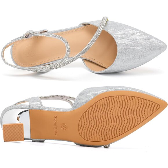 Dadawen Women's Champagne Closed Pointed Toe Low Chunky Heels Pumps Ankle Strap - Picture 3 of 7